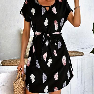 TEMU Women's Tunic Dress With Batwing Sleeves And Belt Detail, 100% Polyester Crew Neck Woven Dress, Lightweight 105g/m² Fabric Image