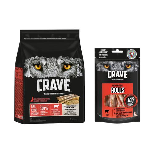 2,8kg Crave Rind mit Knochenmark Hundefutter trocken + 8 x 50 g High Protein Rolls Rind zum...