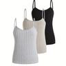3pcs Women's Plus Casual Lounge Camisole, Plus Size Solid Ribbed Round Neck Lounge Cami Top