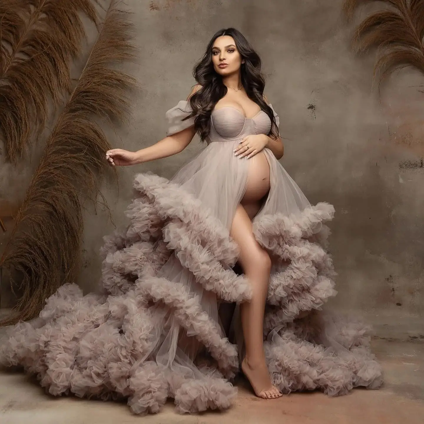 2024 Fashion Prom Dresses Tiered Ruffles Maternity Photoshoot Dress Formal Party Wear Front Slit Baby Shower Gowns Customized
