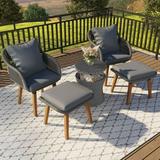 5 Pieces Patio Furniture Set Outdoor Conversation Set with Wicker Cool Bar Table 2 Chairs and 2 Ottomans Chair Set with A-cacia Wood Legs and Cushions for Porch Backyard Balcony Poolside Grey