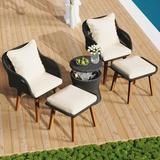 5 Pieces Patio Furniture Set Outdoor Conversation Set with Wicker Cool Bar Table 2 Chairs and 2 Ottomans Chair Set with A-cacia Wood Legs and Cushions for Porch Backyard Balcony Garden Black&Beige
