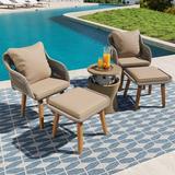 5 Pieces Patio Furniture Set Outdoor Conversation Set with Wicker Cool Bar Table 2 Chairs and 2 Ottomans Chair Set with A-cacia Wood Legs and Cushions for Porch Backyard Balcony Poolside Brown