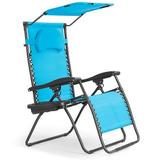 Spaco Folding Recliner Lounge Chair with Shade Canopy Cup Holder-Blue Folding Beach Chair for Adults Lightweight Beach Chair Low Beach Chairs for Beach Lawn