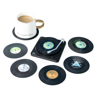 7pcs Retro Vinyl Record Coasters With Player Holder Set, Coasters For Coffee Table, Vinyl Record Decor, Drink Coasters, Funny Coasters, Music Coasters, Nice Gift