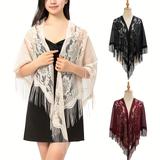Lace Hollow Out Triangle Scarf Jacquard Floral Tassel Shawl Solid Color Elegant Thin Shawl Wrap Party Evening Wedding Shawl
