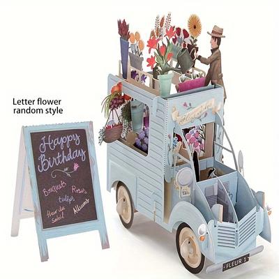 1pc Flower Wagon Pop Up Card 3d Greeting Cards, For Birthday, Thanksgiving, Valentines Day, Mothers Day, Anniversary, Wedding