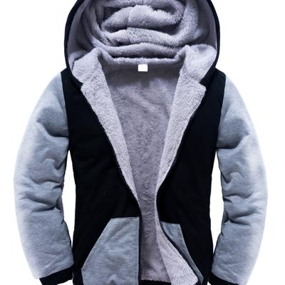 Boys Non Stretch Hooded Thick Fleece Zip Up Jacket, Kids Clothes For Fall Winter