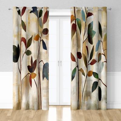 2pcs Artistic Curtains With Hand Painted Leaves Pa...