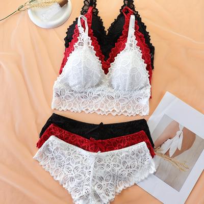 3 Sets Floral Lace Bra & Panties, Wireless Push Up...