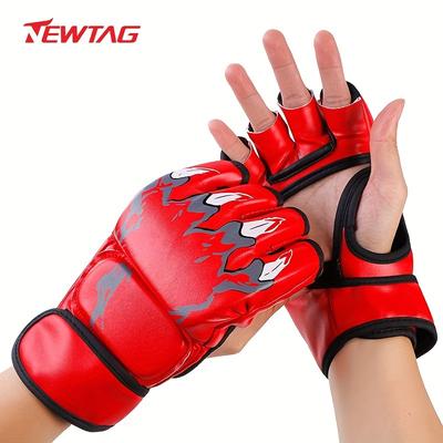 Premium Half Finger Boxing Gloves - Red Faux Leath...