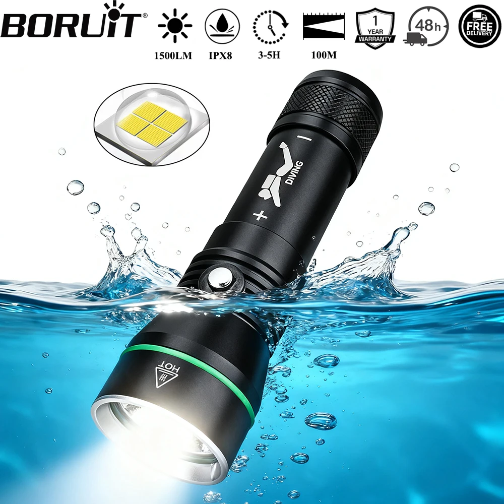 BORUiT S3 XHP50 LED Tauchen Taschenlampe 1500LM Super Helle Unterwasser 100M Taschenlampe IPX8 Wasserdichte Speerfischen Laterne Image