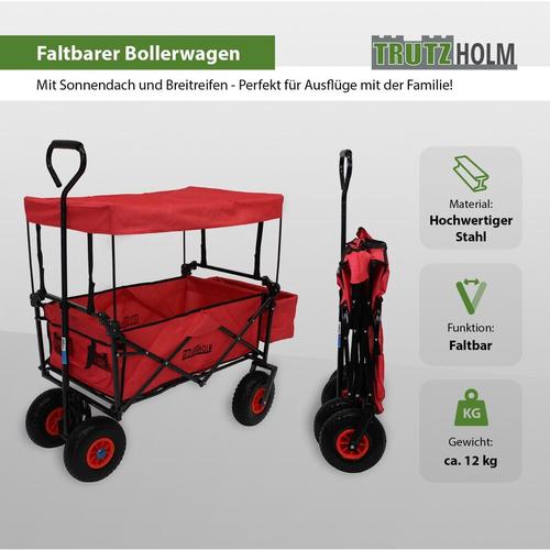 Bollerwagen faltbar mit Dach, PU-Rädern, Hecktasche und Teleskopgriff Falt-Bollerwagen