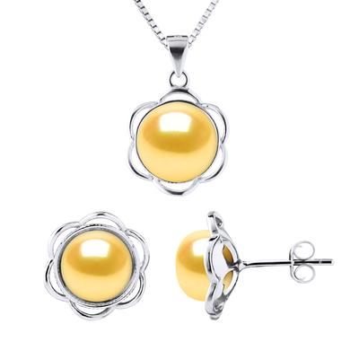 Schmuck Halskette & Ohrringe PETAL Süßwasserperle 8-9mm Golden 925