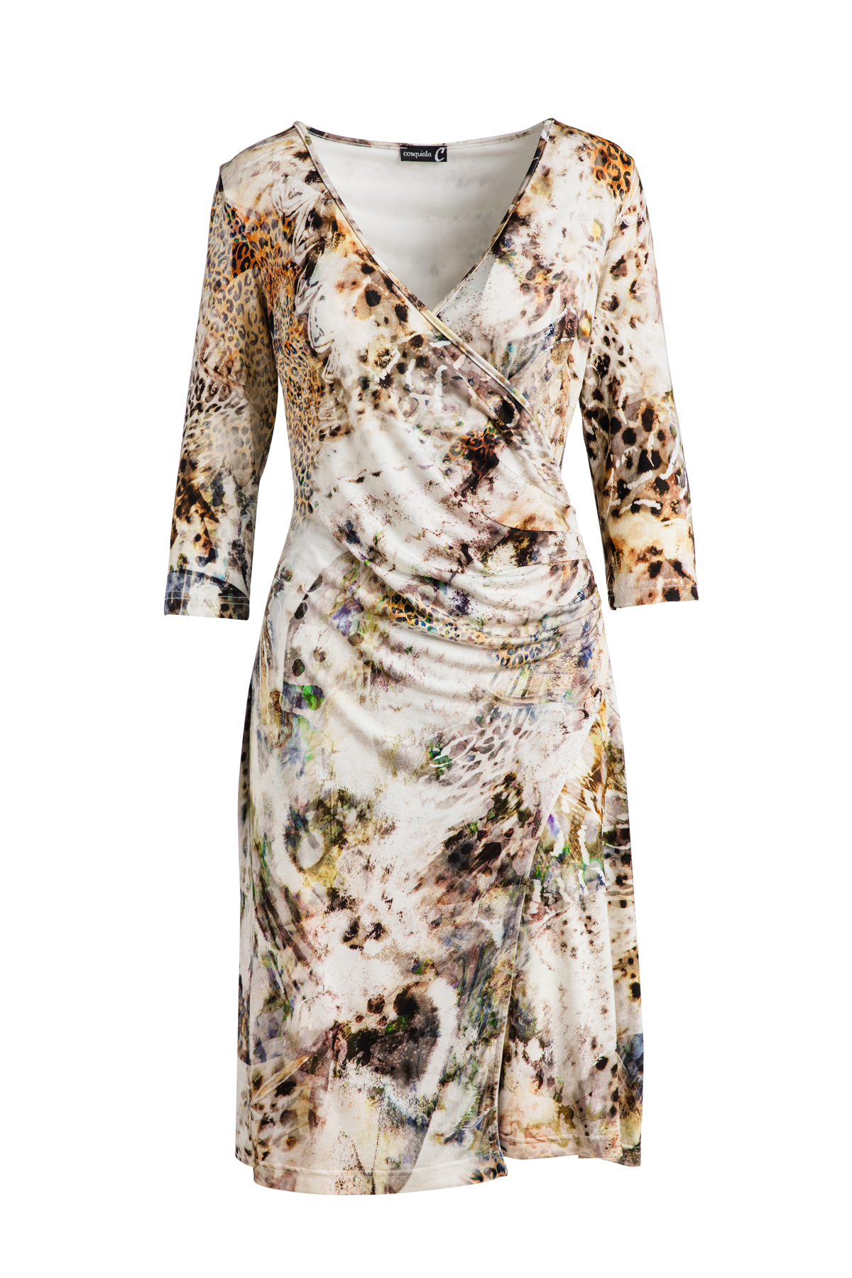 Print Jersey Faux Wrap Kleid in Beige