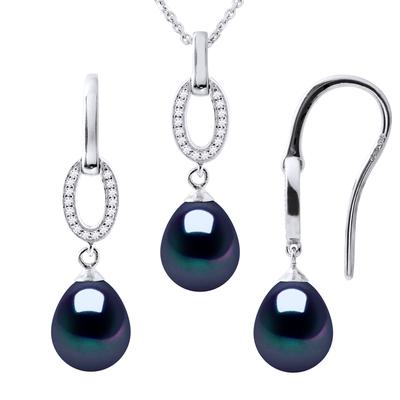 NORMANDY Schmuck Halskette & Ohrringe baumeln schwarz Süßwasserperle 925 Image