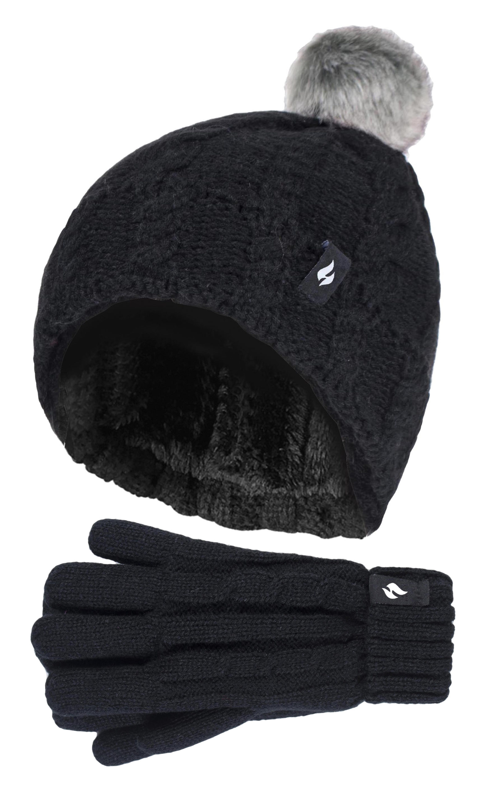 Wärmehalter - Girls Bobble Pom Pom Hat and Gloves Set | Turn Over Cuff Hat & Cable Knit Gloves Style - Schwarz Image