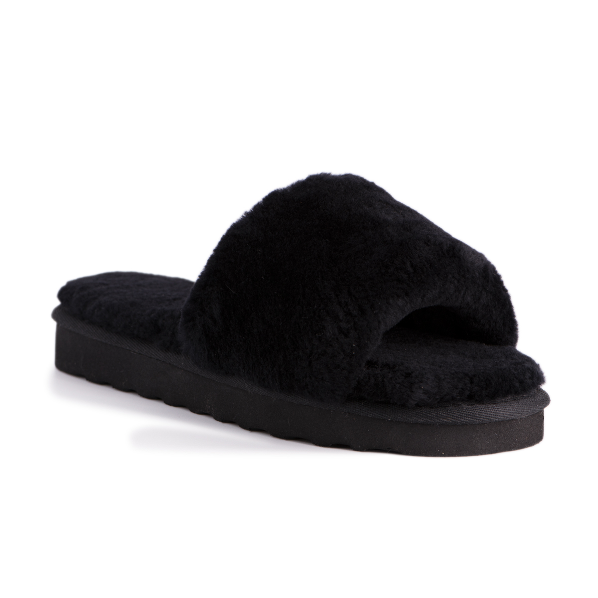 Aus Wooli Australia Damen Schafsfell Fluff Slide Hausschuhe Schwarz