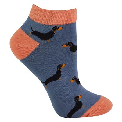 Damen Bambus Trainer Socken | Miss Sparrow | Atmungsaktive Low Cut Socken für Frauen - Sausage Dogs (Blau) Image