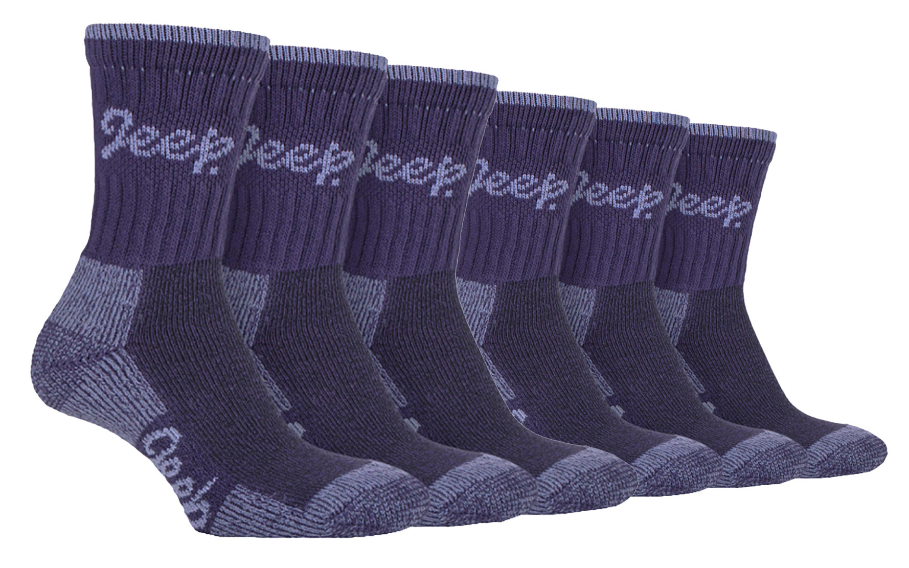JEEP 6 Paar Multipack Damen Baumwolle atmungsaktive gepolsterte Wandersocken | Gepolsterte Anti-Blister-Crew-Trekkingsocken für Damen Lila / Lila Image