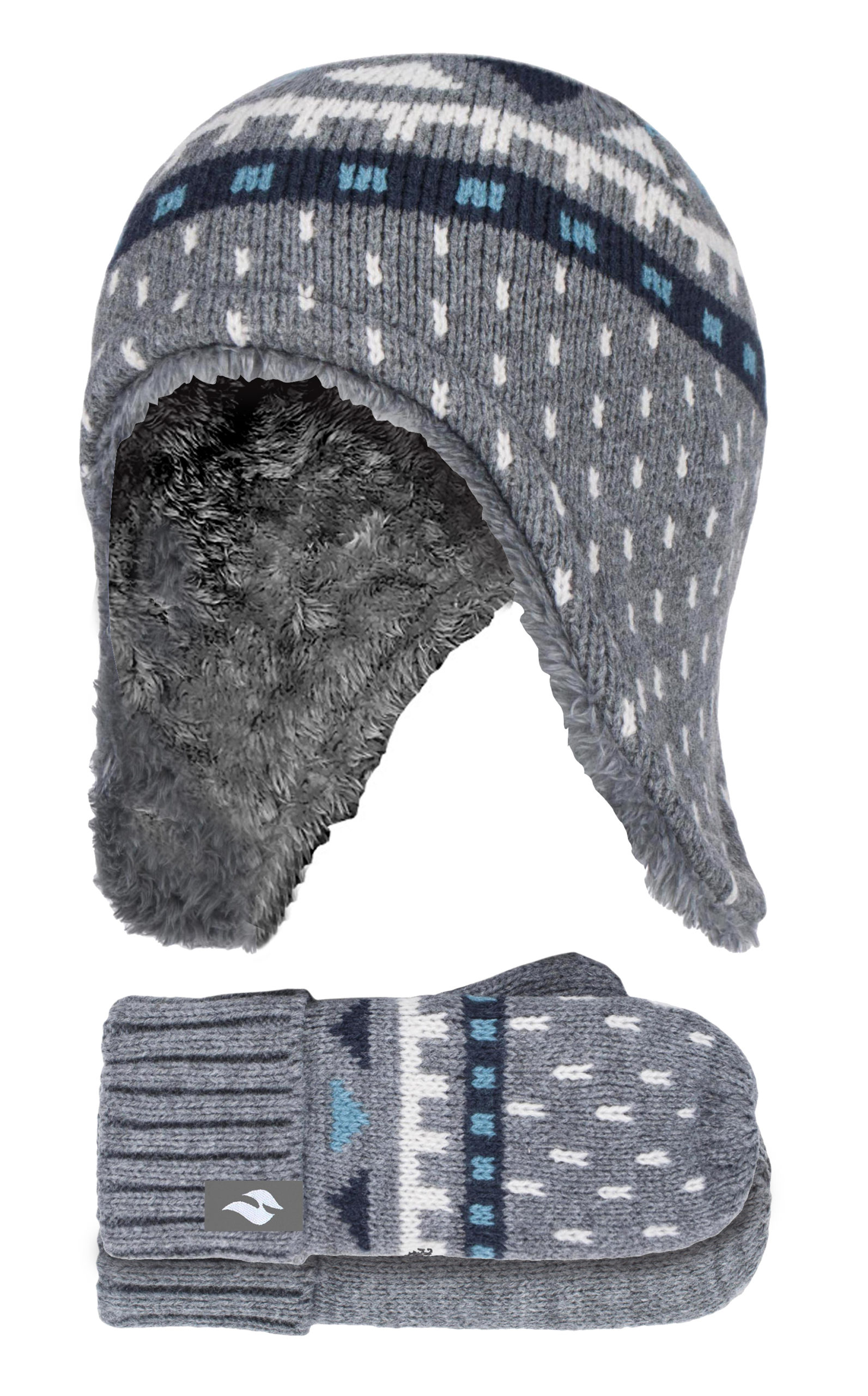 Wärmehalter - Jungen Outdoor Kunstfell Pom Pom Mütze mit Ohrenklappen & Fäustlinge Handschuhe - Pebble Melange Image