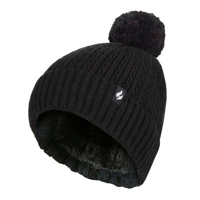 Damen-Thermokabel-Beanie-Mütze | Wärmehalter | Gestrickte Wintermütze mit Bommel | Weiche gerippte Bommelmütze in Schwarz Image