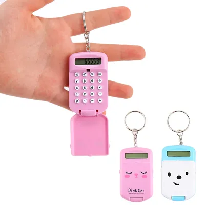 Mini Calculator Cute Cartoon with Keychain 8 Digits Display Portable Pocket Size Calculator for