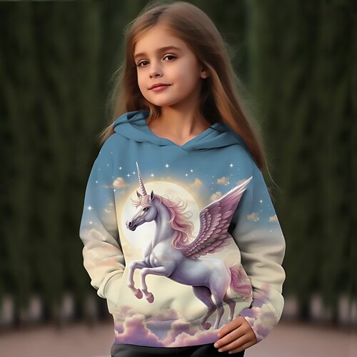 Mädchen 3D Karikatur Einhorn Kapuzenshirt Pullover Langarm 3D-Druck Herbst Winter Aktiv Modisch Kuschelig kinderkleidung 3-12 Jahre Outdoor Casual Täglich Regular Fit Image