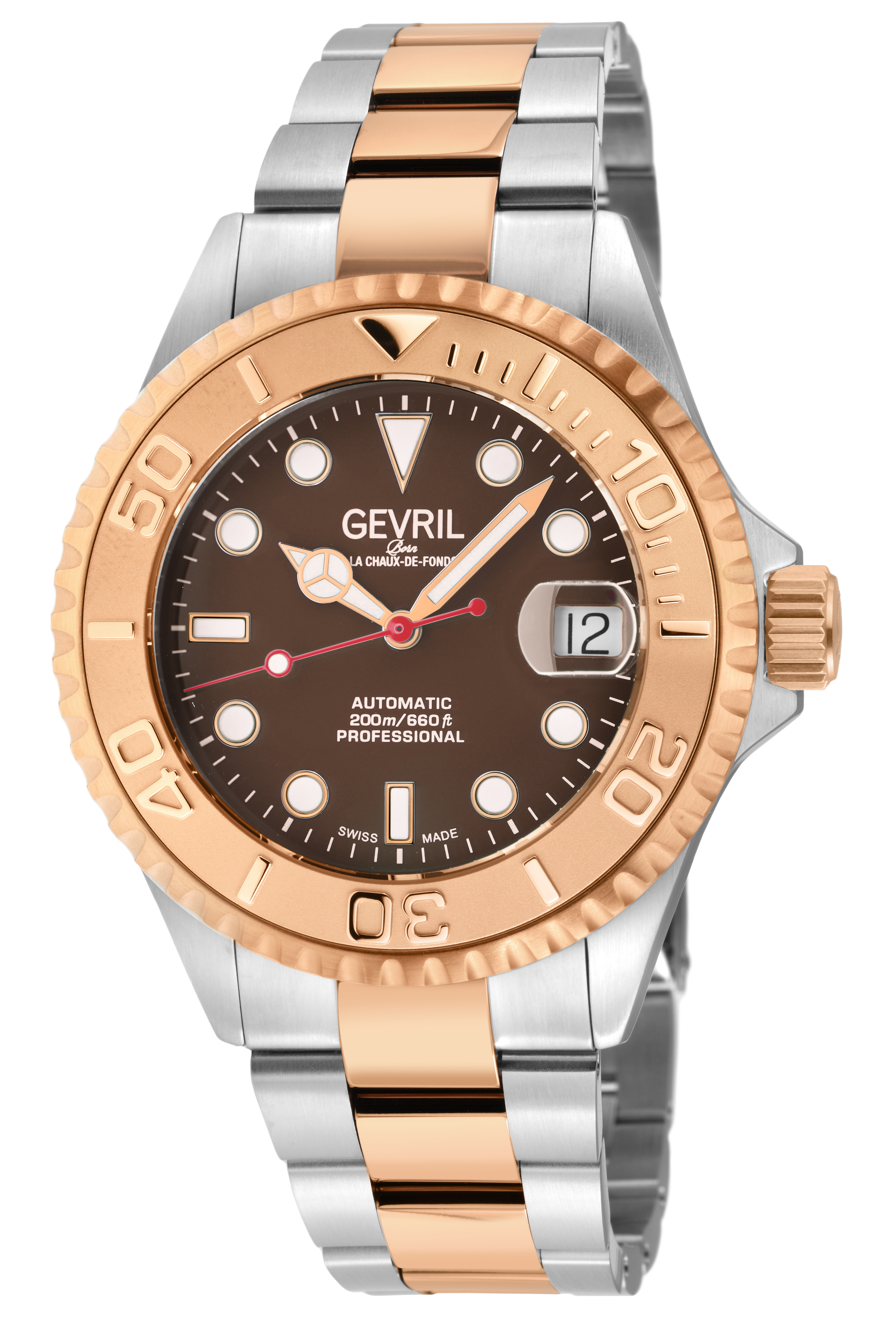 Gevril Mens Wall Street 4753B Swiss Automatic Sellita SW200 Silver 316L Stainless Steel Case Brown Dial Watch - Silver & Gold - One Size