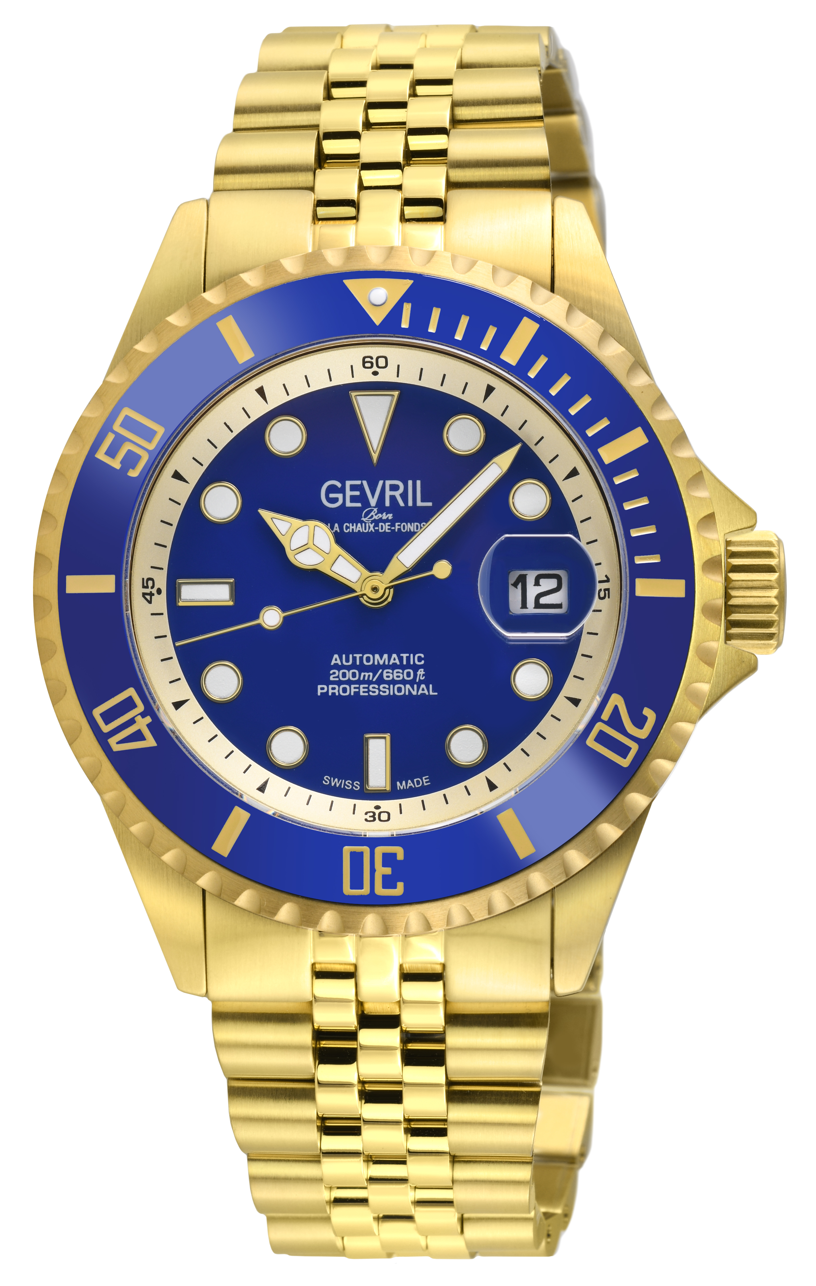 Gevril Mens Wall Street Swiss Automatic Sellita SW200 Bright Blue Enamel Dial, Ipyg Satin and Polished Bracelet Watch - Gold - One Size