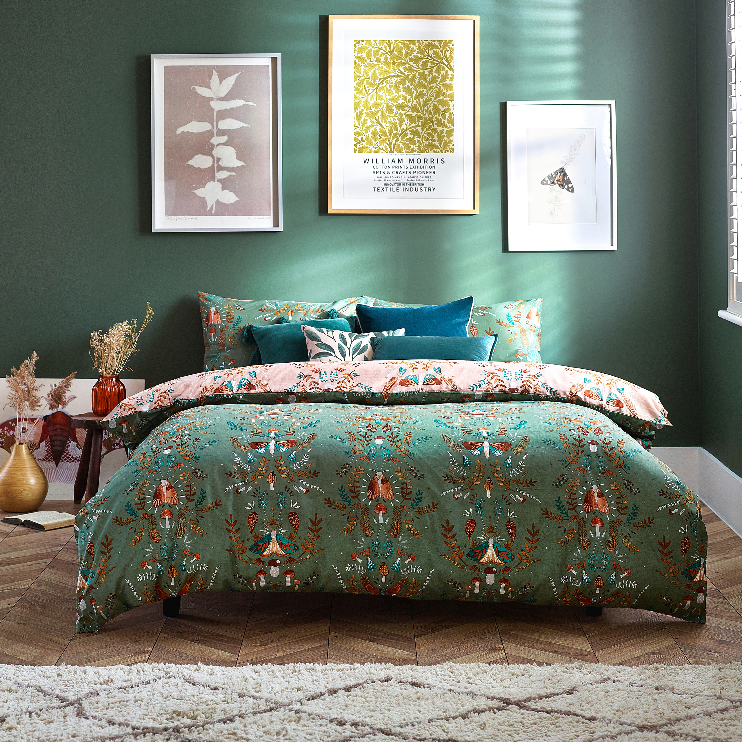 furn. Luna Wood Floral Reversible Duvet Cover Set - Green Cotton - Size King | furn. Sale | Discount Designer Brands