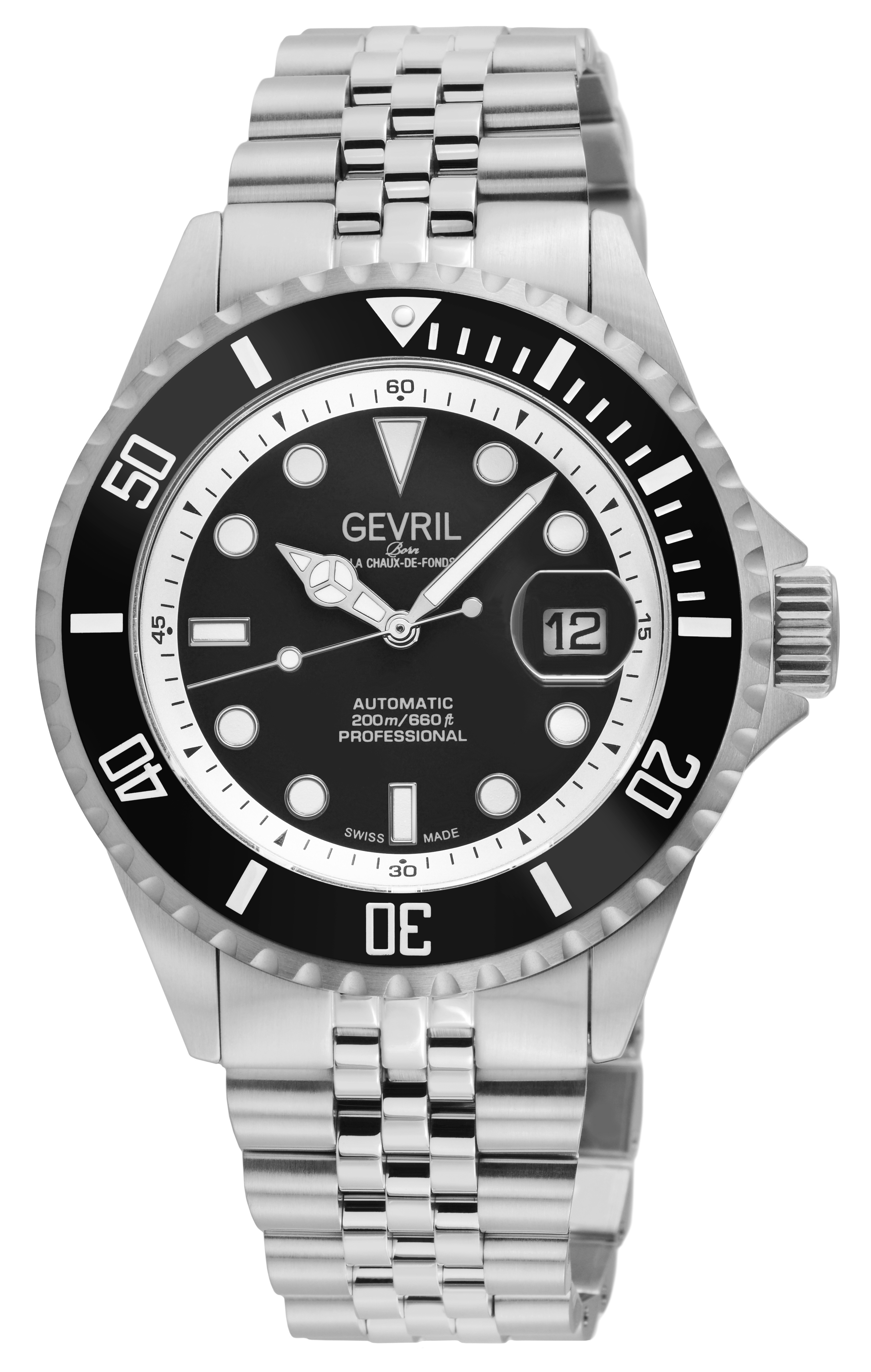 Gevril Mens Wall Street Swiss Automatic Sellita SW200 Black Bezel, Enamel Dial, SS Satin and Polished Bracelet Watch - Silver - One Size