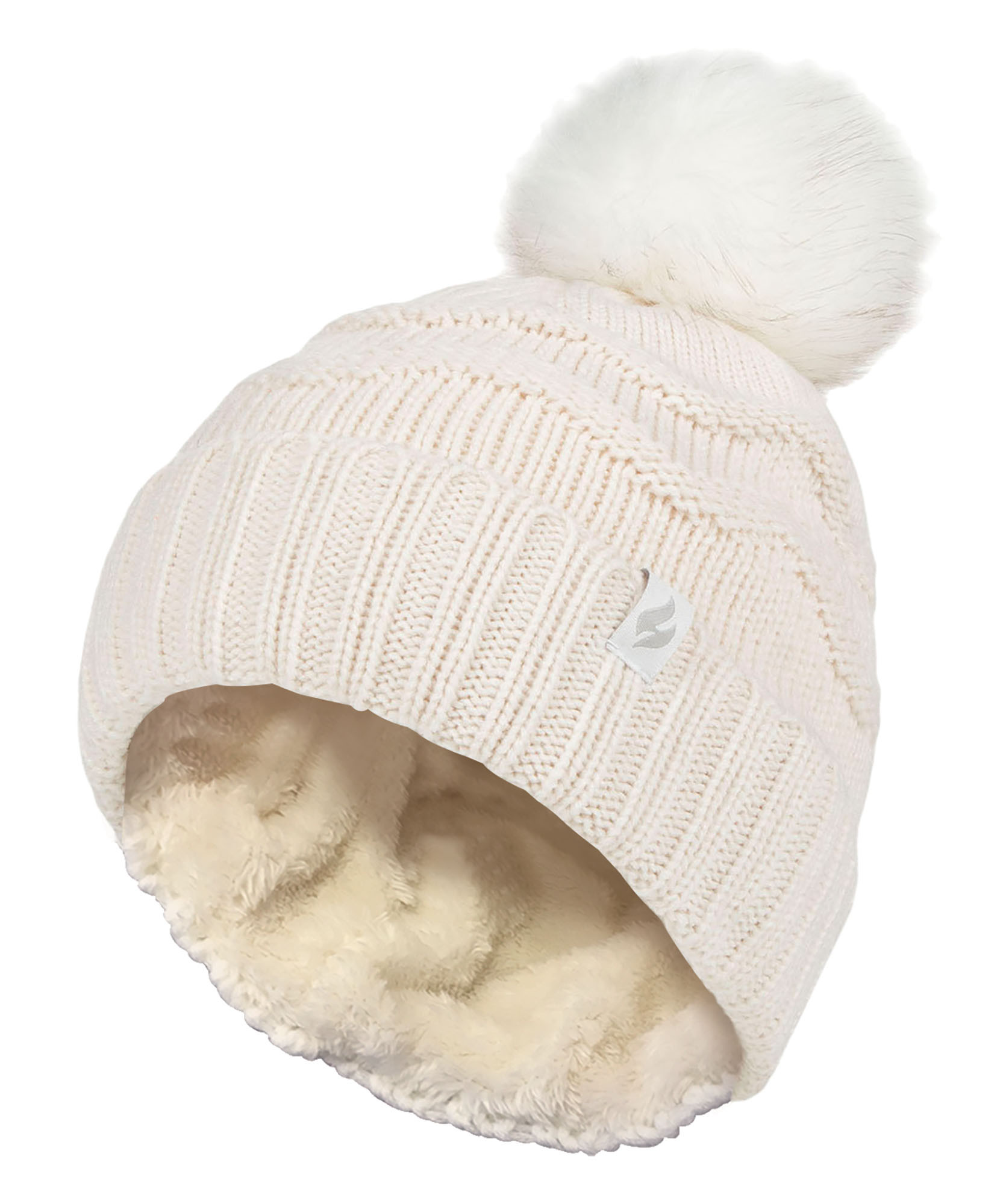 Heat Holders Ladies Winter Fur Beanie Hat | | Zigzag Patterned Pom Pom Hat | Womens Thermal Cuff Bobble Hat - Cream - One Size