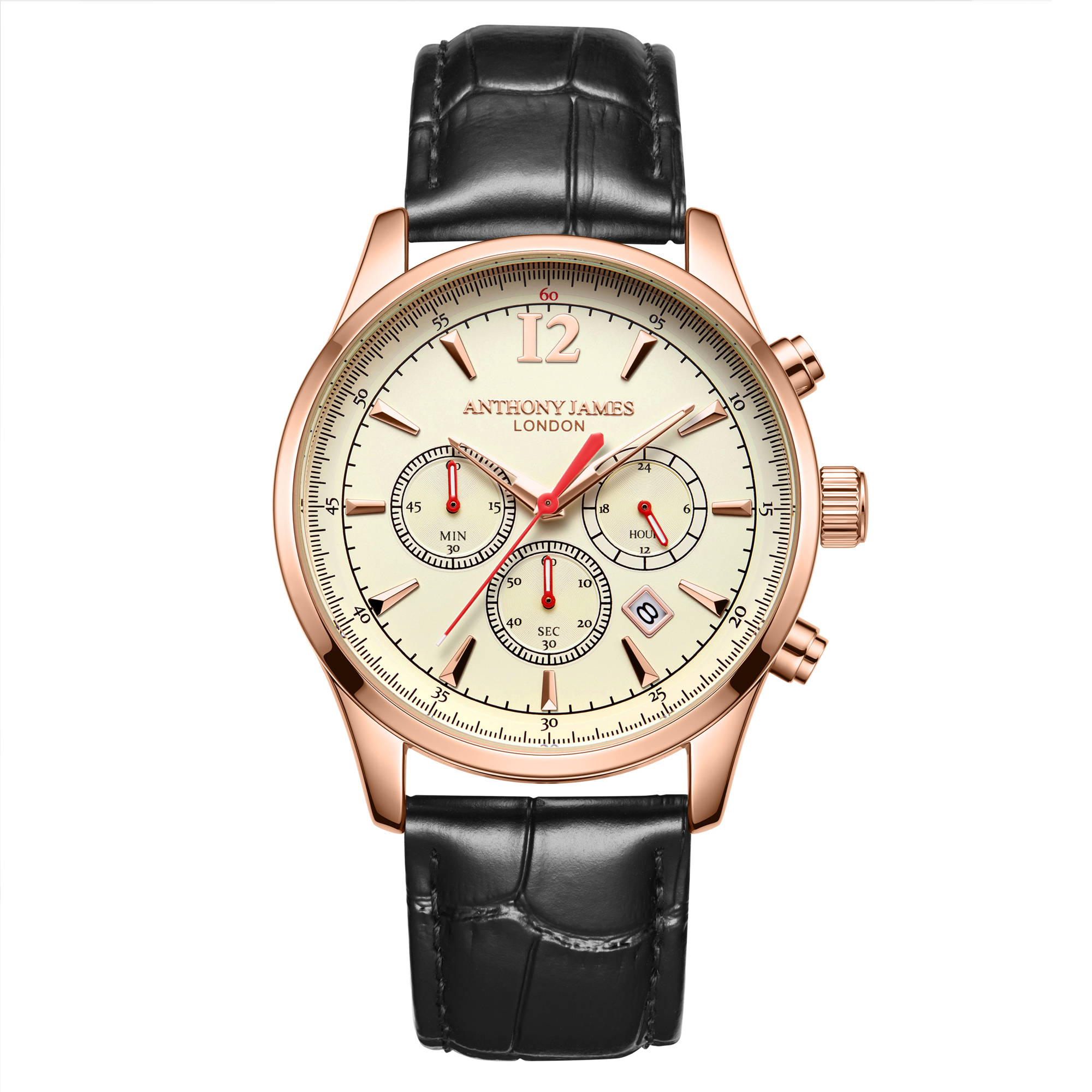 Anthony James Mens Hand Assembled Classic Chronograph Rose White Leather - One Size