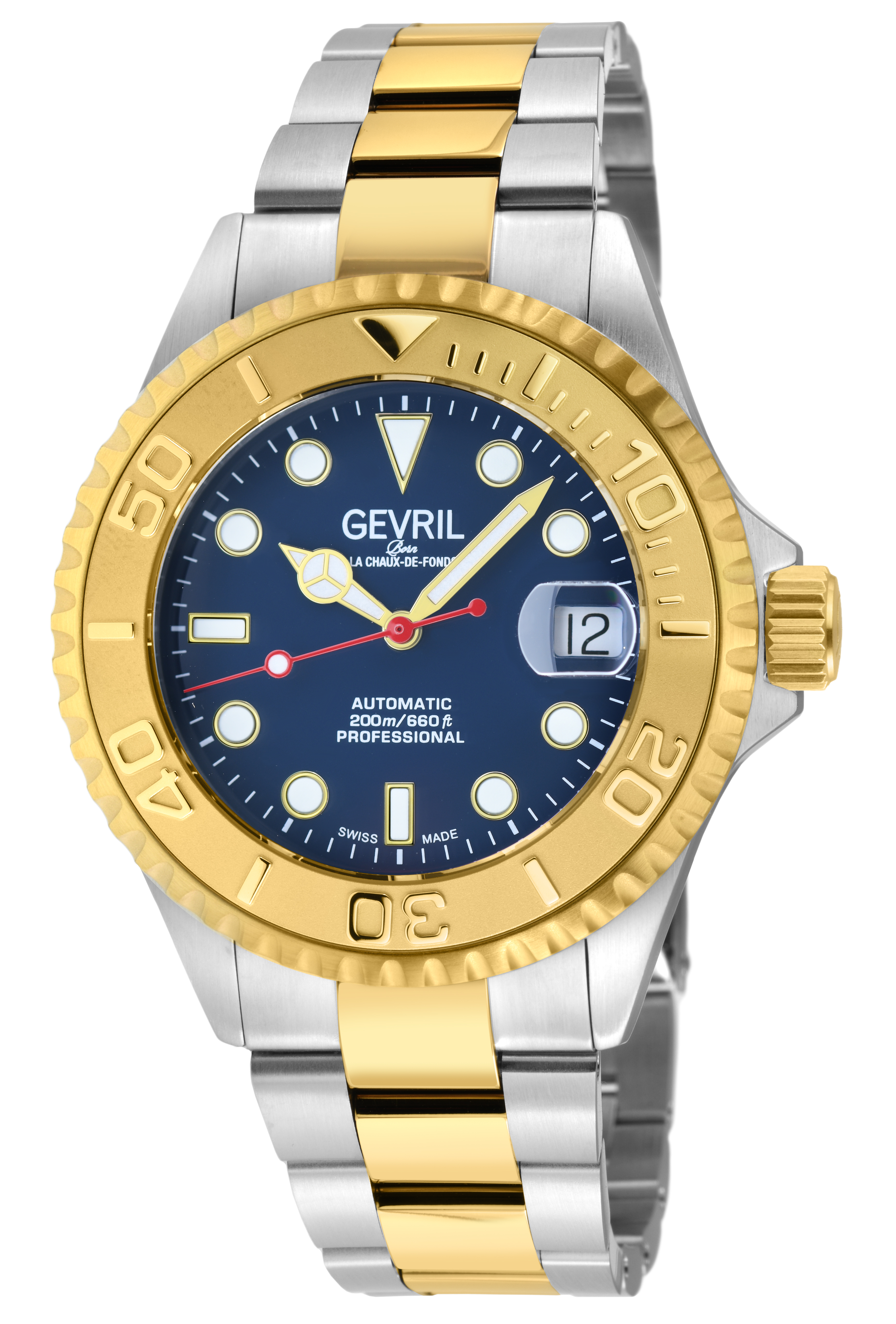 Gevril Mens Wall Street 4756B Swiss Automatic Sellita SW200 Blue Dial Watch - Silver & Gold Stainless Steel - One Size