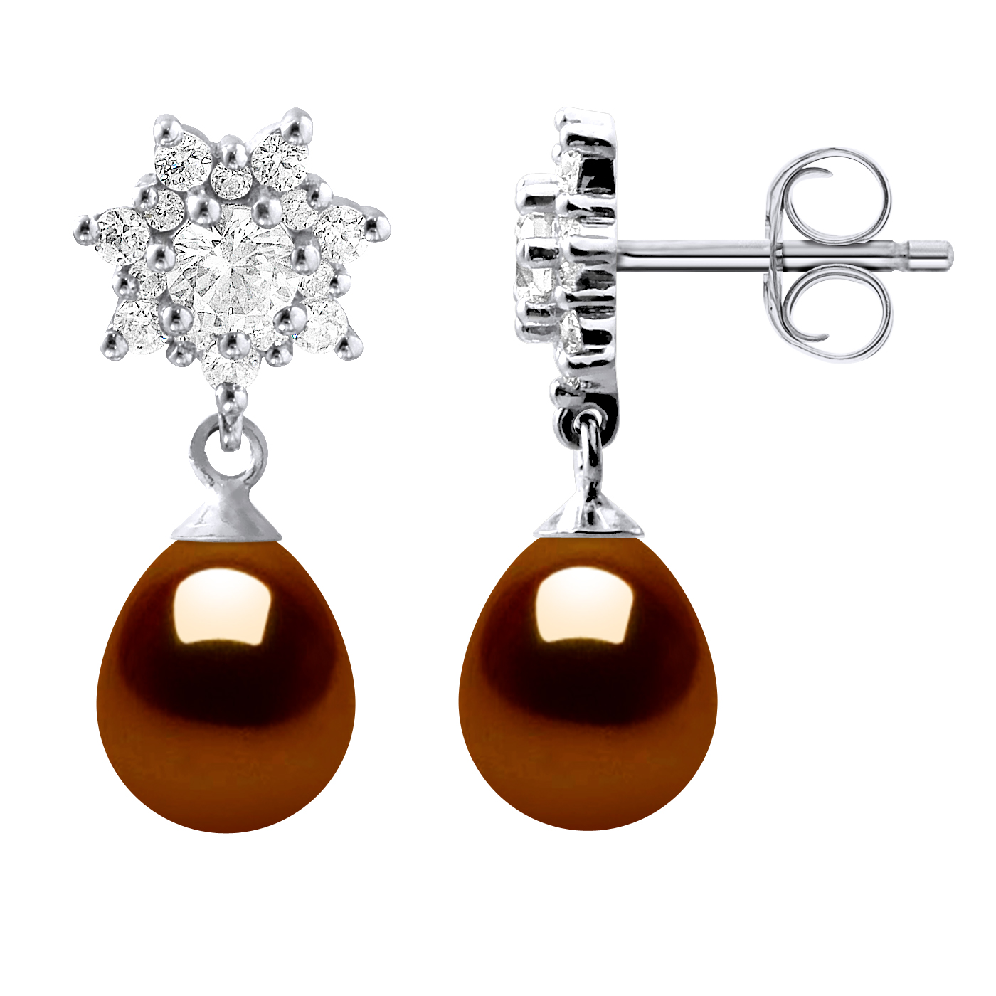 Diadema Womens Earrings Dangle Freshwater Pearls 7-8mm Chocolate Pears Jewelery 925 - Brown Silver - One Size