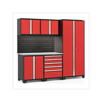 NewAge Garage Cabinets PRO Series Red 6-Piece Set with Stainless Steel Top, Slatwall and LED Lights