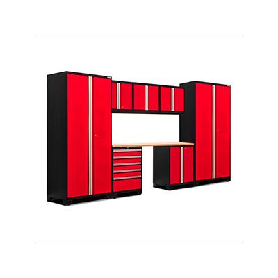 NewAge Garage Cabinets PRO Series Red 8-Piece Set with Bamboo Top and LED Lights