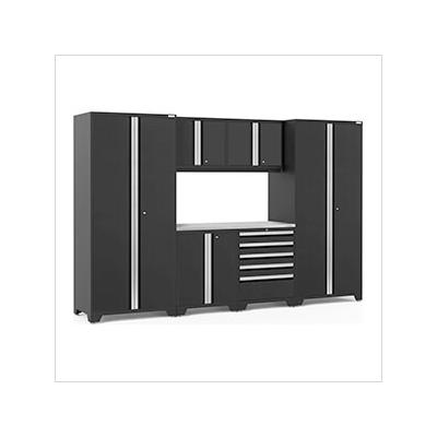 NewAge Garage Cabinets PRO Series Black 7-Piece Set with Stainless Steel Top and LED Lights