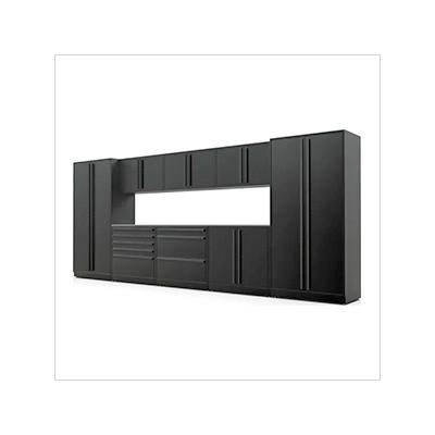 Proslat Garage Cabinets 10-Piece Mat Black Cabinet Set with Black Handles and Stainless Steel Worktop