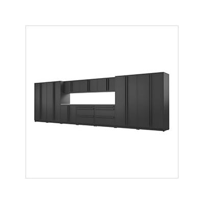 Proslat Garage Cabinets 12-Piece Mat Black Cabinet Set with Black Handles and Stainless Steel Worktop