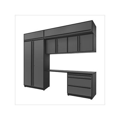 Proslat Garage Cabinets 7-Piece Glossy Grey Cabinet Set with Black Handles and Powder Coated Worktop