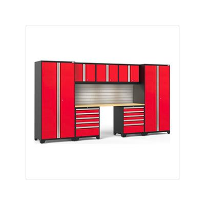 NewAge Garage Cabinets PRO Series Red 8-Piece Set with Bamboo Top, Slatwall and LED Lights