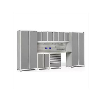 NewAge Garage Cabinets PRO Series Platinum 8-Piece Set with Stainless Top, Slatwall Hook Kit and LEDs