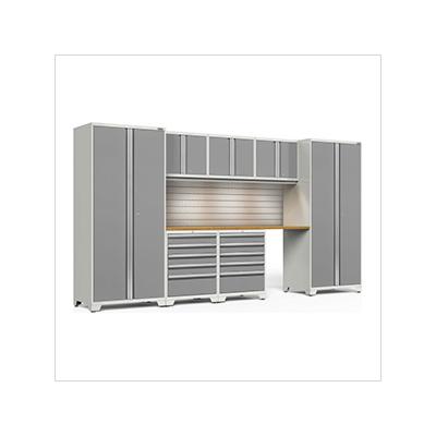 NewAge Garage Cabinets PRO Series Platinum 8-Piece Set with Bamboo Top, Slatwall and LED Lights