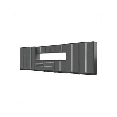 Proslat Garage Cabinets 12-Piece Glossy Grey Cabinet Set with Silver Handles and Stainless Steel Worktop