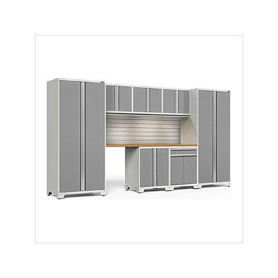 NewAge Garage Cabinets PRO Series Platinum 8-Piece Set with Bamboo Top, Slatwall and LED Lights