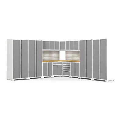 NewAge Garage Cabinets PRO Series Platinum 16-Piece Set with Bamboo Tops, Slatwall and LED Lights