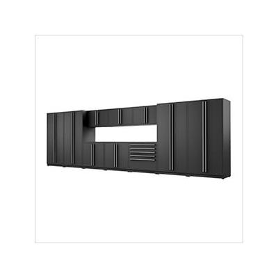 Proslat Garage Cabinets 12-Piece Mat Black Cabinet Set with Silver Handles and Powder Coated Worktop