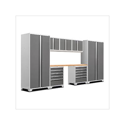 NewAge Garage Cabinets PRO Series Platinum 8-Piece Set with Bamboo Top and LED Lights
